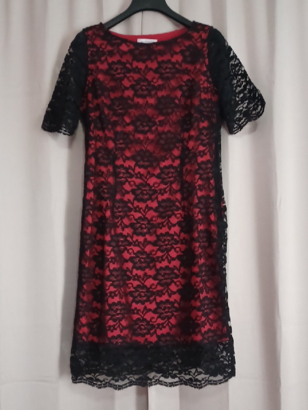 Liz Claiborne Floral Lace Overlay Midi Dress Short Sleeve Dark Romance Black Red